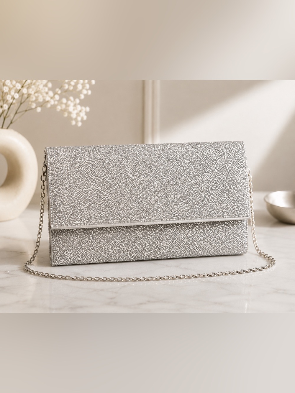 Starlet Clutch Purse Silver Sparkle Beaded Chain Strap